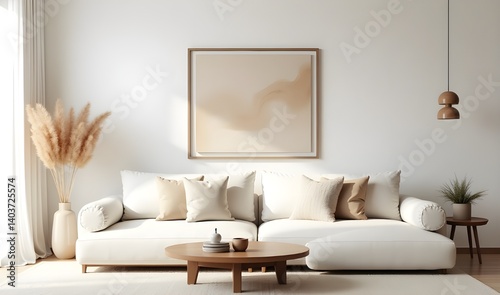 Minimalist Living Room with White Sofa, Pouf, Side Table, and Wall Poster Frame