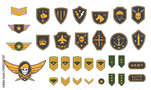 Set of military emblems. Patches, stripes and logos with stars, skulls and military equipment. Insignia for military personnel of different ranks. Flat vector illustration isolated on background
