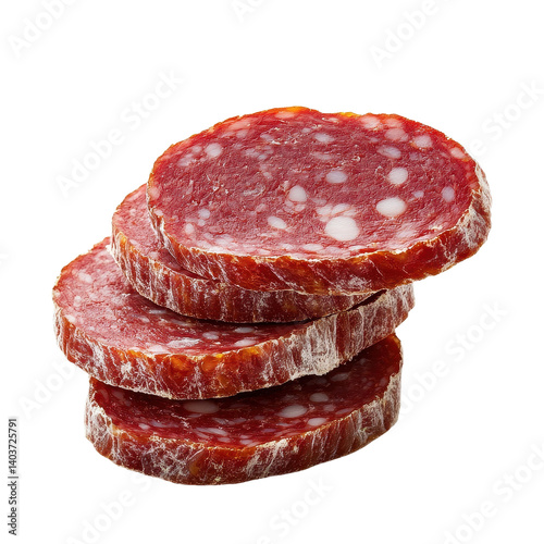 Slices of salami stacked on Transparent background perfect for culinary presentations or charcuterie boards, salami isolated on PNG background with