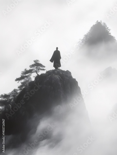 シルエットの人物がそびえ立つ山頂に立ち 広大な雲海を見下ろすモノクロ写真 霧がかった風景に囲まれた男は静寂と瞑想を体現