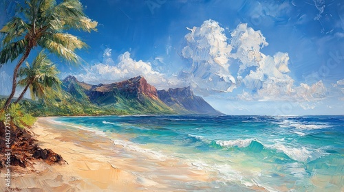 Tropical beach scene with palm trees blue ocean and majestic mountains under a sunny sky.