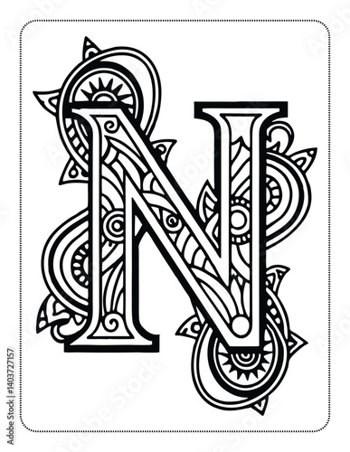 Intricate letter N black and white coloring page