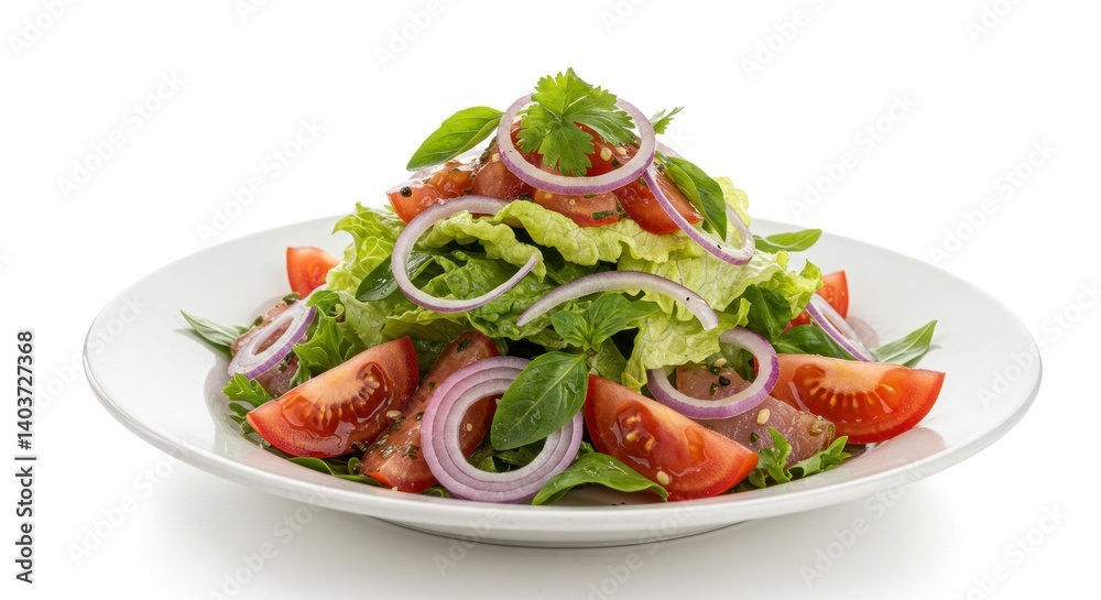 Salad with tomatoes onions and lettuce on a white plate isolated. Salad with tomatoes onions and lettuce on a white plate isolated.