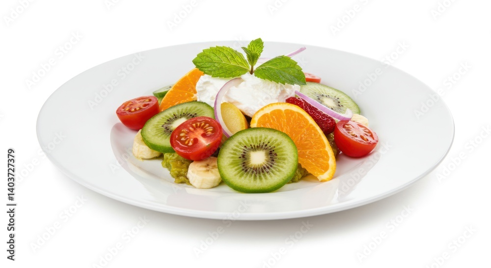 Fruit salad on white plate with kiwi orange tomato and mint leaves. Fruit salad on white plate with kiwi orange tomato and mint leaves.