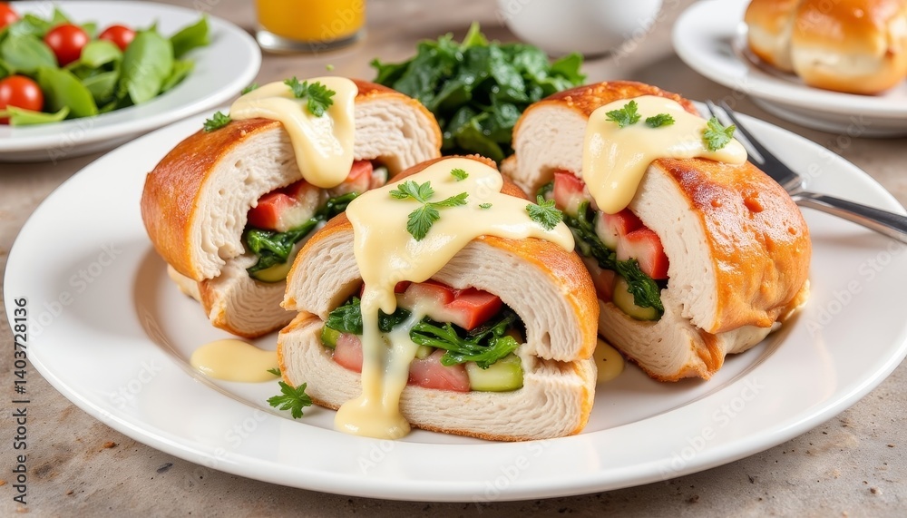 Delicious chicken cordon bleu with creamy sauce and greens, culinary delight Delicious chicken cordon bleu with creamy sauce and greens, culinary delight