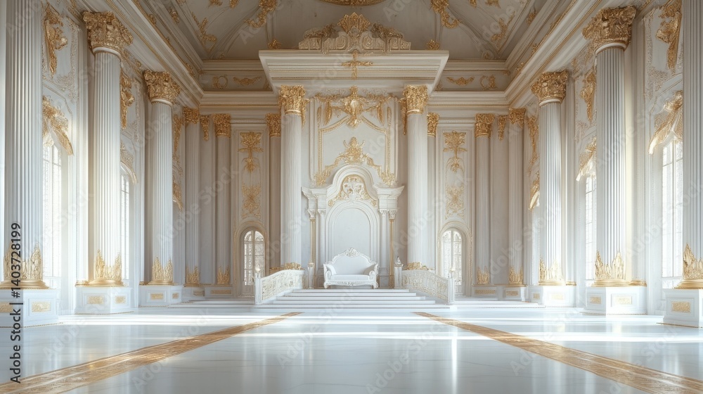 Obraz premium Opulent white and gold palace hall with grand throne.