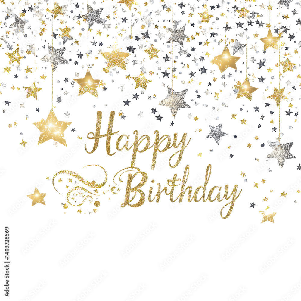Obraz premium Happy Birthday Stars: A vibrant and festive birthday greeting adorned with sparkling golden and silver stars cascading down from the top, creating a celebratory atmosphere.