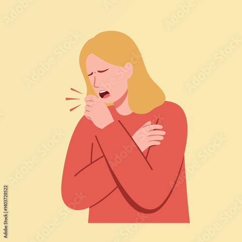 Woman coughing with discomfort in flat minimal vector illustration