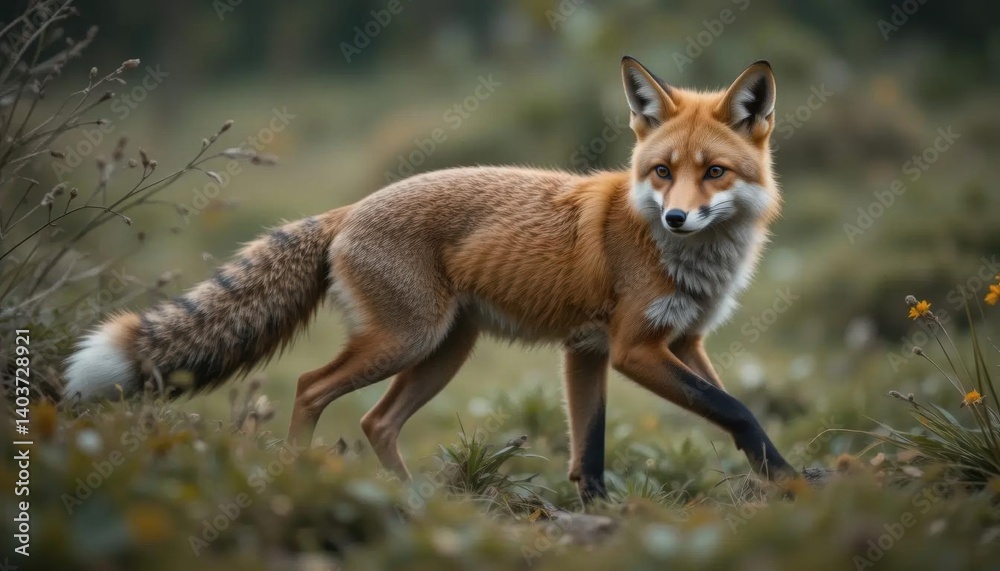 Obraz premium Red Fox in Dusk, Bushy Tail & Alert Gaze, Serene Meadow