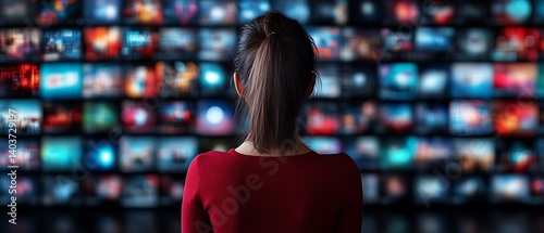 Woman facing wall of screens.