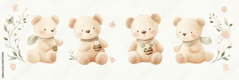 Obraz premium Cute Plush White Teddy Bears Sitting Together on White Background