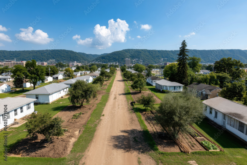 Quiet residential area with dirt road and green spaces in a small town on a sunny day Quiet residential area with dirt road and green spaces in a small town on a sunny day