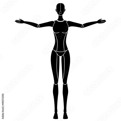Vector silhouette of a mannequin with both arms extended to the sides as if posing, legs spread in a balanced stance