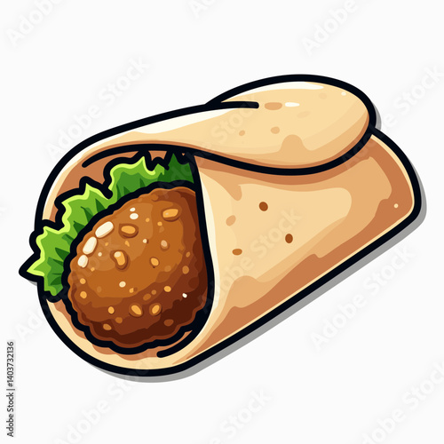 burrito with beef burger patty and lettuce  cartoon illustration