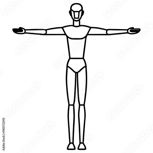 Vector silhouette of a mannequin with both arms extended to the sides as if posing, legs spread in a balanced stance
