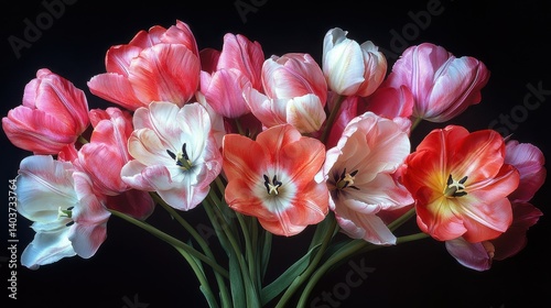 Vibrant bouquet of pink and white tulips against a black background.