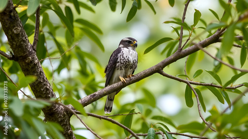 Tiny hawk sits in the branches of a tree on the Roraima tepui or mounts (Brazil, Guyana, Venezuela). Accipiter superciliosus is a small diurnal bird of prey that lives in the forests of South America.