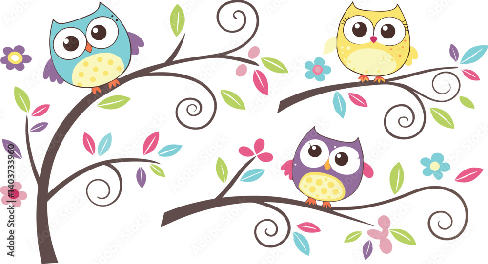 Fototapeta premium Cute Cartoon Owls on Tree Branches – Colorful Vector Illustration Set