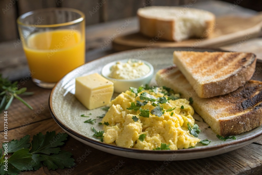 Appetizing Breakfast with Scrambled Eggs and Toast Appetizing Breakfast with Scrambled Eggs and Toast