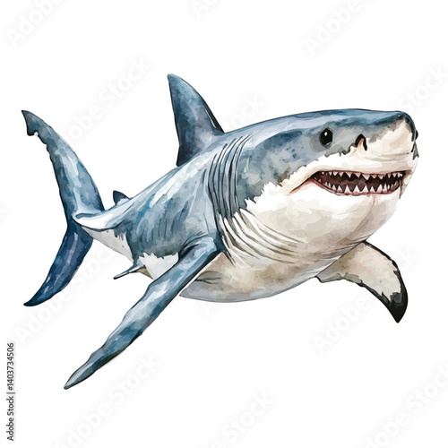 watercolor of Great White Shark Gliding Through The Ocean, vector, isolated on a white background.
