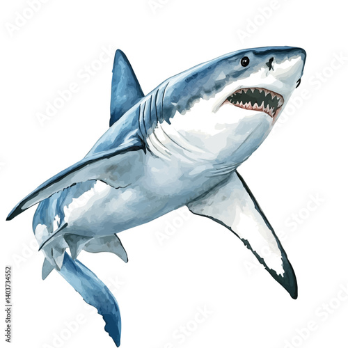 Great White Shark Gliding Through The Ocean, vector watercolor illustration, isolated on a white background.