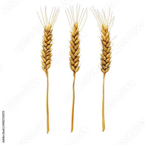 Wheat ears arranged in three distinct positions on a dark background showcasing their natural texture, Wheat ears, three ears wheat in different positions
