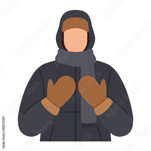 Person wearing winter clothing with mittens and scarf in flat vector art