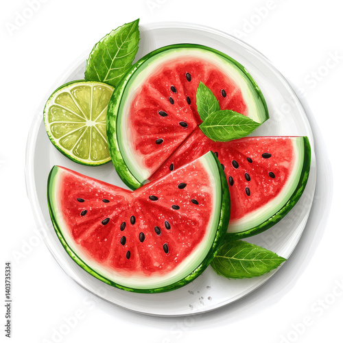 Fresh watermelon slices with lime and mint on plate isolated against a Transparent background, watermelon in plateisolated on PNG background