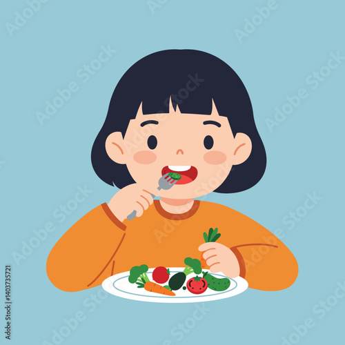 Child enjoying a healthy meal with vibrant vegetables and fruits in flat vector art