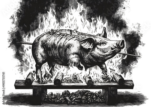 pig roasting on a spit over an open flame, featuring classic tattoo-style linework and detail sketch engraving generative ai PNG illustration. Scratch board imitation. Black and white image.