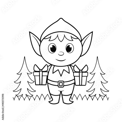 Flying Elf with Balloons and Christmas Background  