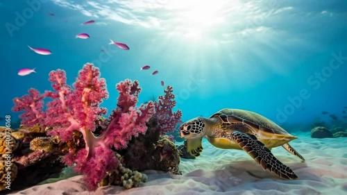 Majestic sea turtle explores stunning coral reef landscape with pink soft coral and fish. Video capturing the serene beauty of the underwater world. Splendor of marine nature.