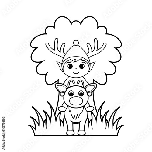 Joyful Elf Trimming Tree with Grass  