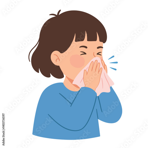Child sneezing with tissue in hand, flat design vector art