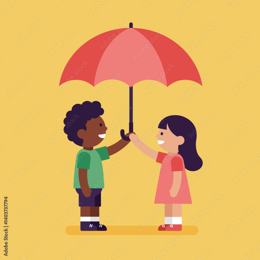 Two children sharing an umbrella in a cheerful flat vector illustration Two children sharing an umbrella in a cheerful flat vector illustration