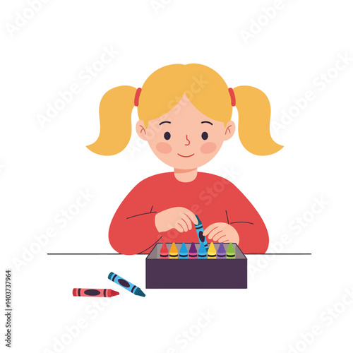 Girl happily playing with colorful crayons in flat vector illustration
