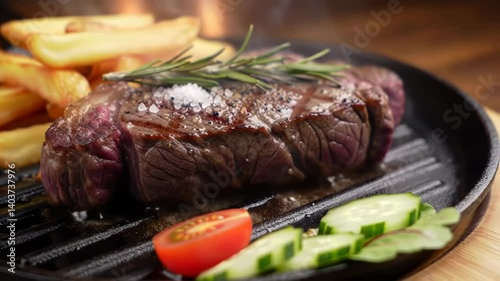 Juicy medium-rare steak sizzling on grill pan with rosemary seasoning and potato wedges. Representation of expert grilling technique and delicious home cooking.
