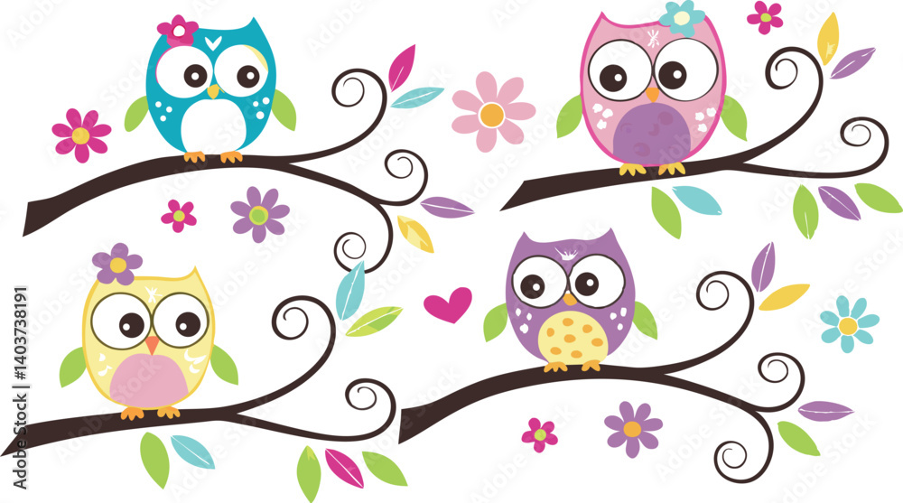 Fototapeta premium Cute Cartoon Owls on Tree Branches – Colorful Vector Illustration Set