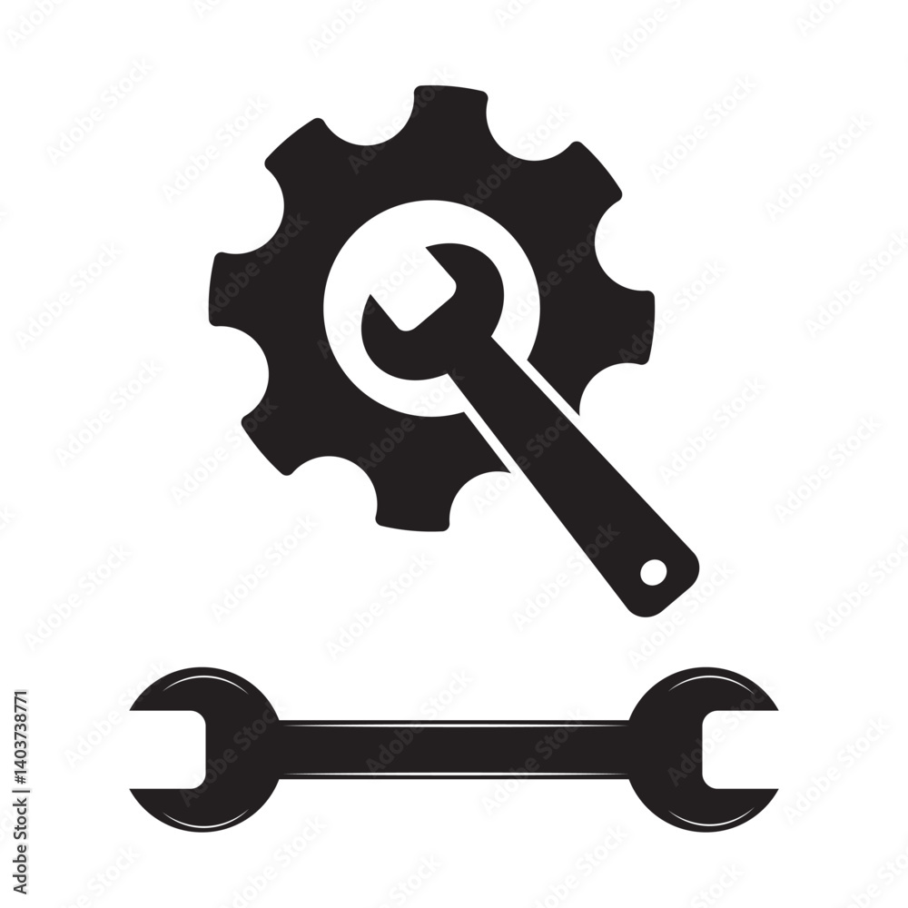Gear setting with wrench icon in black color. Cogwheel gear design collection on white background. Gear icon element. Vector illustration. Gear setting with wrench icon in black color. Cogwheel gear design collection on white background. Gear icon element. Vector illustration.
