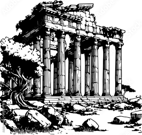 Ancient temple ruins in black and white with overgrown vegetation  