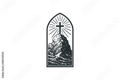 Black cross on rock in ocean waves, woodcut engraving style