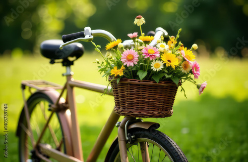 Bicycle and flowers. Flower basket on bicycle in park. Flower bicycle at sunset. photo