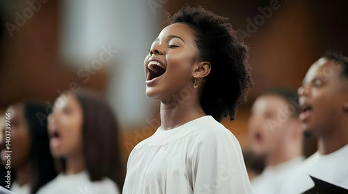 Group Of Singers Performing In A Church With Bright Light And Blurred Background