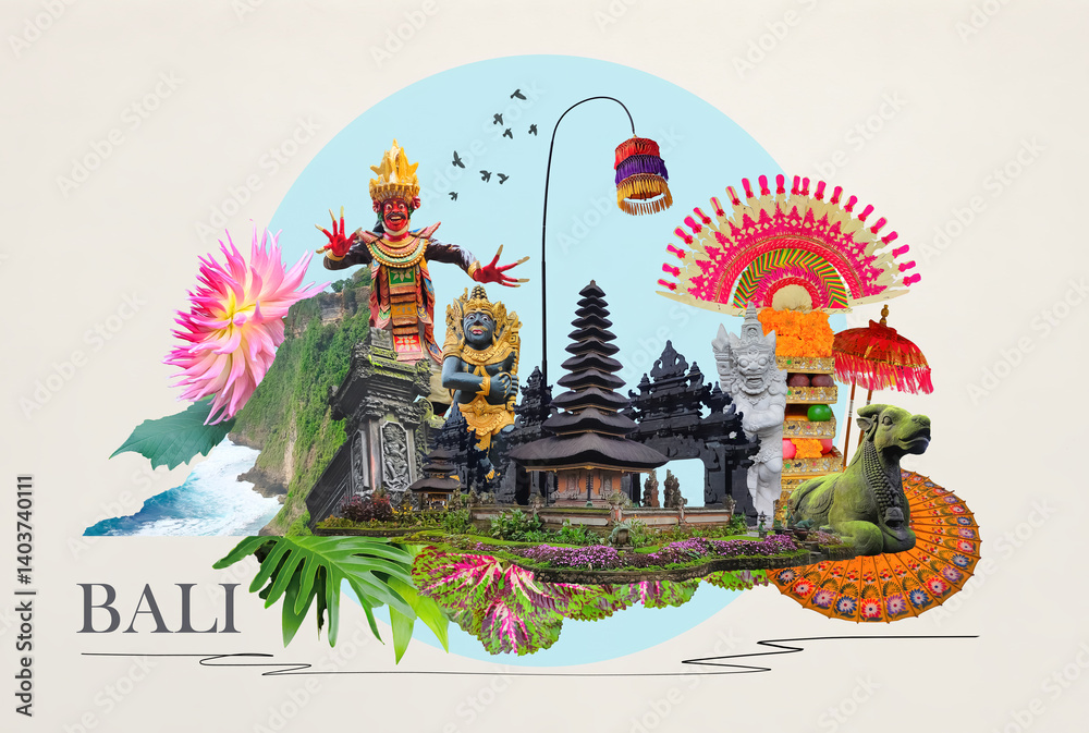 The collage on the theme of Bali, Indonesia. Tamples. Travel and vacation concept. Art design