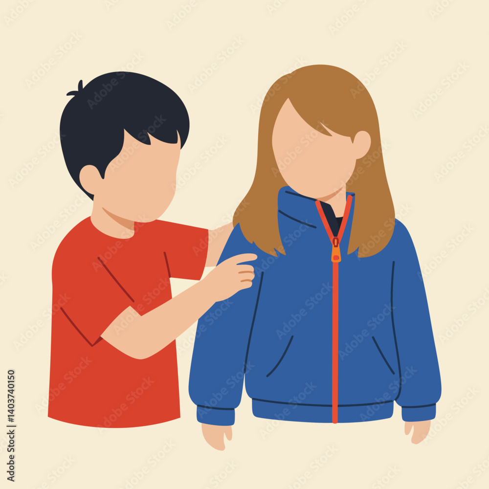 Child assisting friend with jacket in flat minimal vector illustration Child assisting friend with jacket in flat minimal vector illustration