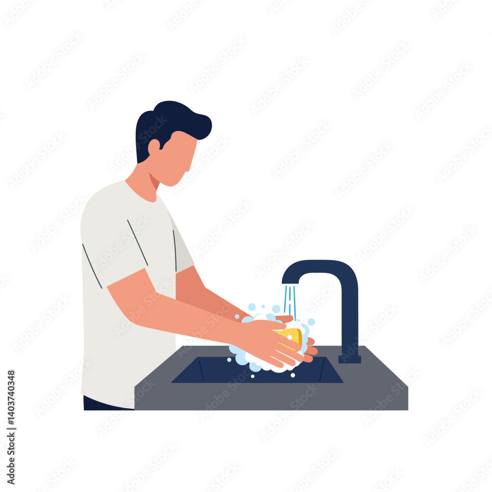 Man washing hands at a sink in flat vector illustration Man washing hands at a sink in flat vector illustration