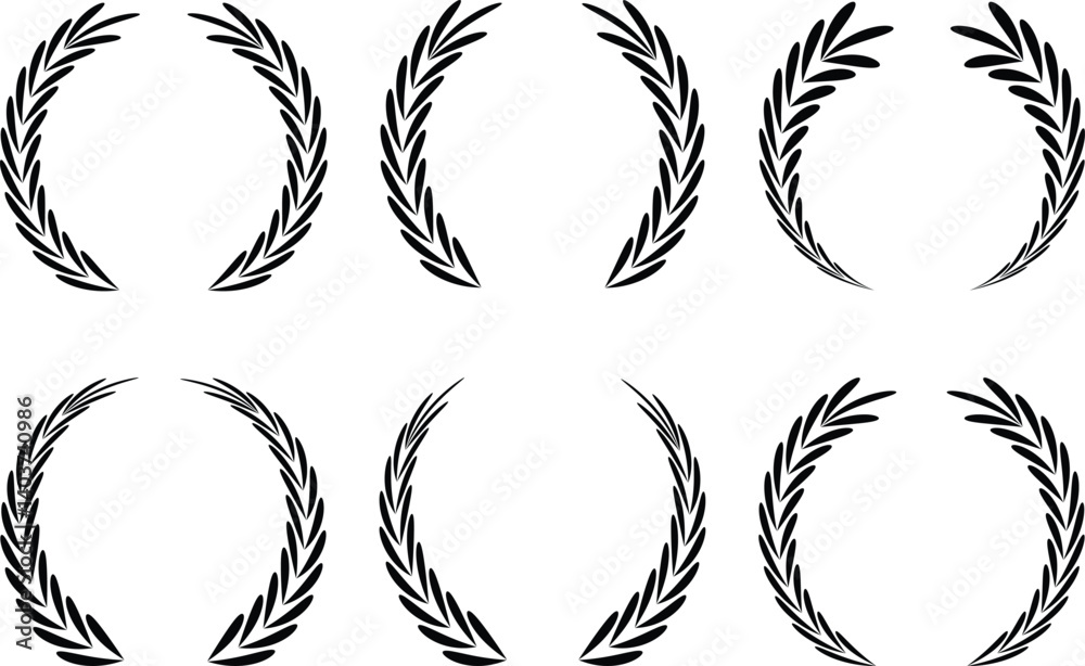 Fototapeta premium Circular laurel wreath set. Emblem floral, Greek branch of oak leaves, eucalyptus leaf, Wheat, winner award, champion and flower vector 