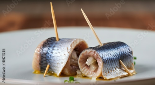 Close-up of pickled rollmops with toothpicks on a white plate