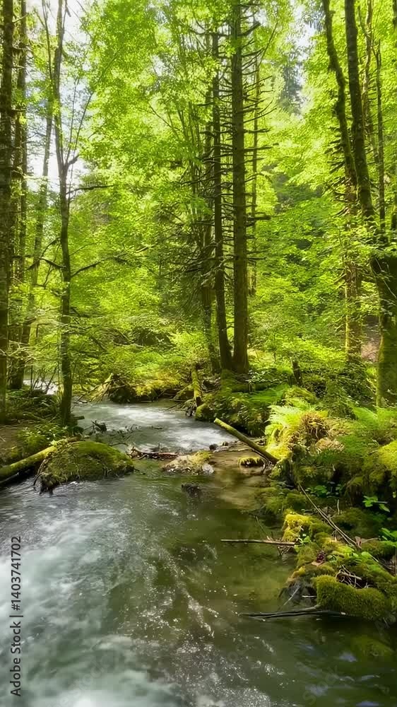Clear mountain stream flowing through lush green forest in summer daylight, peaceful nature scene
Clear mountain stream flowing through lush green forest in summer daylight, peaceful nature scene