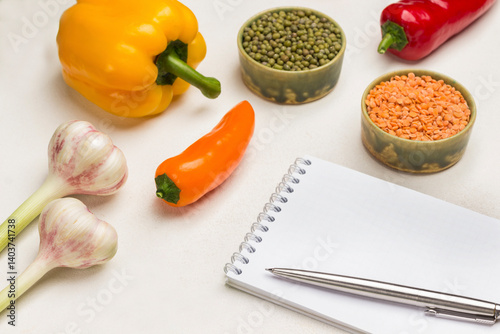 Obraz na płótnie Pen and notebook. Bulgur and chickpeas in bowls. w salonie